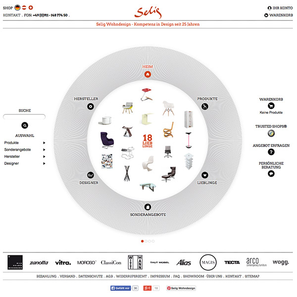 Webdesign für Nürnbergs Designermöbel Shop Selig Wohndesign. Extravaganter Webshop für Möbel von Marken wie Vitra, Thonet, Hansen, Zanotta, Magis, Wittmann etc.